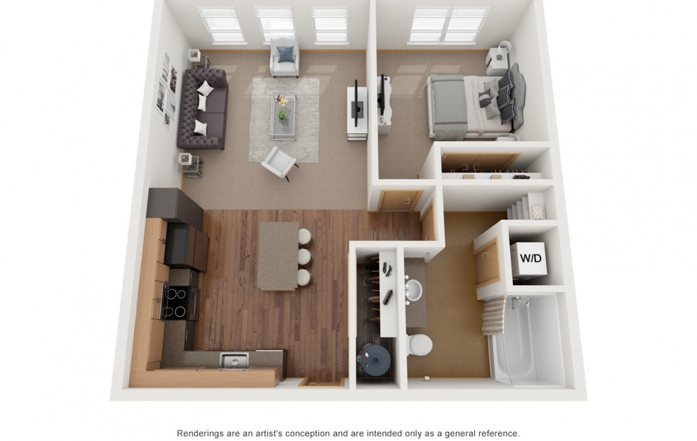 A1 - 1 bedroom floorplan layout with 1 bath and 610 to 680 square feet.