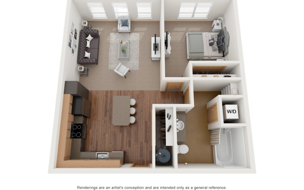 A1 - 1 bedroom floorplan layout with 1 bathroom and 610 - 680 square feet