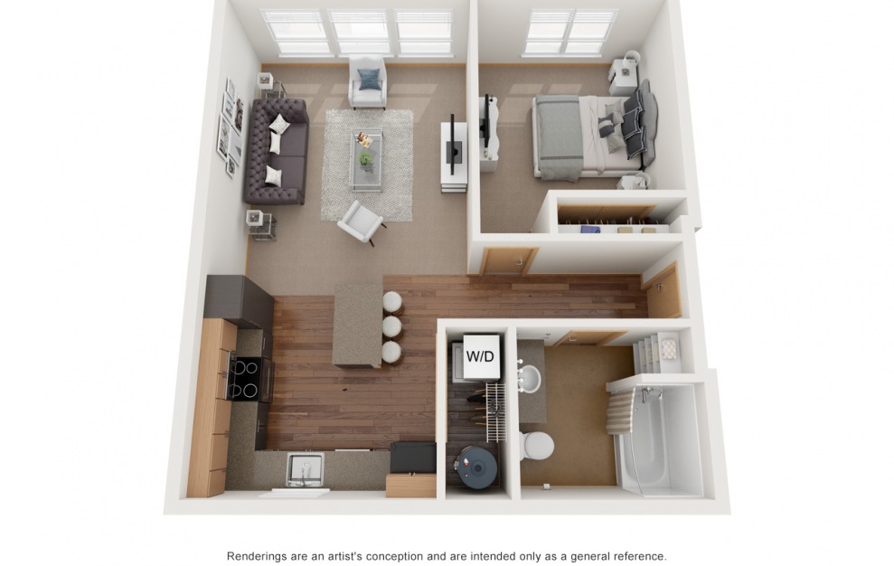 A2 - 1 bedroom floorplan layout with 1 bath and 650 to 690 square feet.