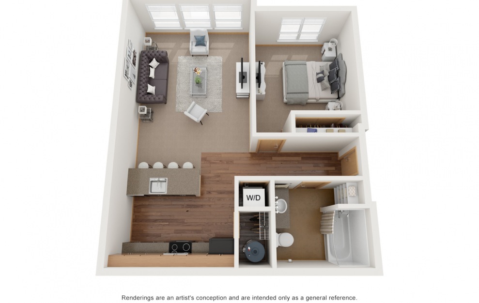 A3 - 1 bedroom floorplan layout with 1 bath and 660 to 720 square feet.