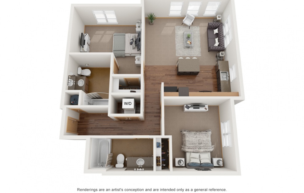 BB1 - 2 bedroom floorplan layout with 2 baths and 980 to 990 square feet.