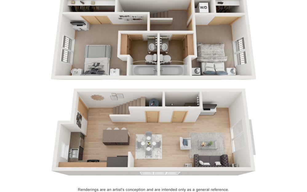 BB2 TH - 2 bedroom floorplan layout with 2.5 bathrooms and 1000 - 1040 square feet