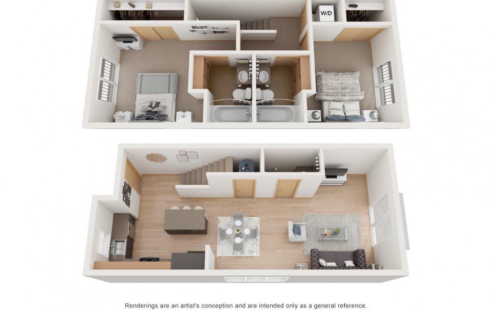 BB2 TH - 2 bedroom floorplan layout with 2.5 baths and 1000 to 1040 square feet.