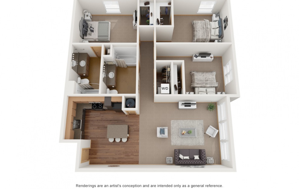 C1 - 3 bedroom floorplan layout with 2 baths and 1180 square feet.